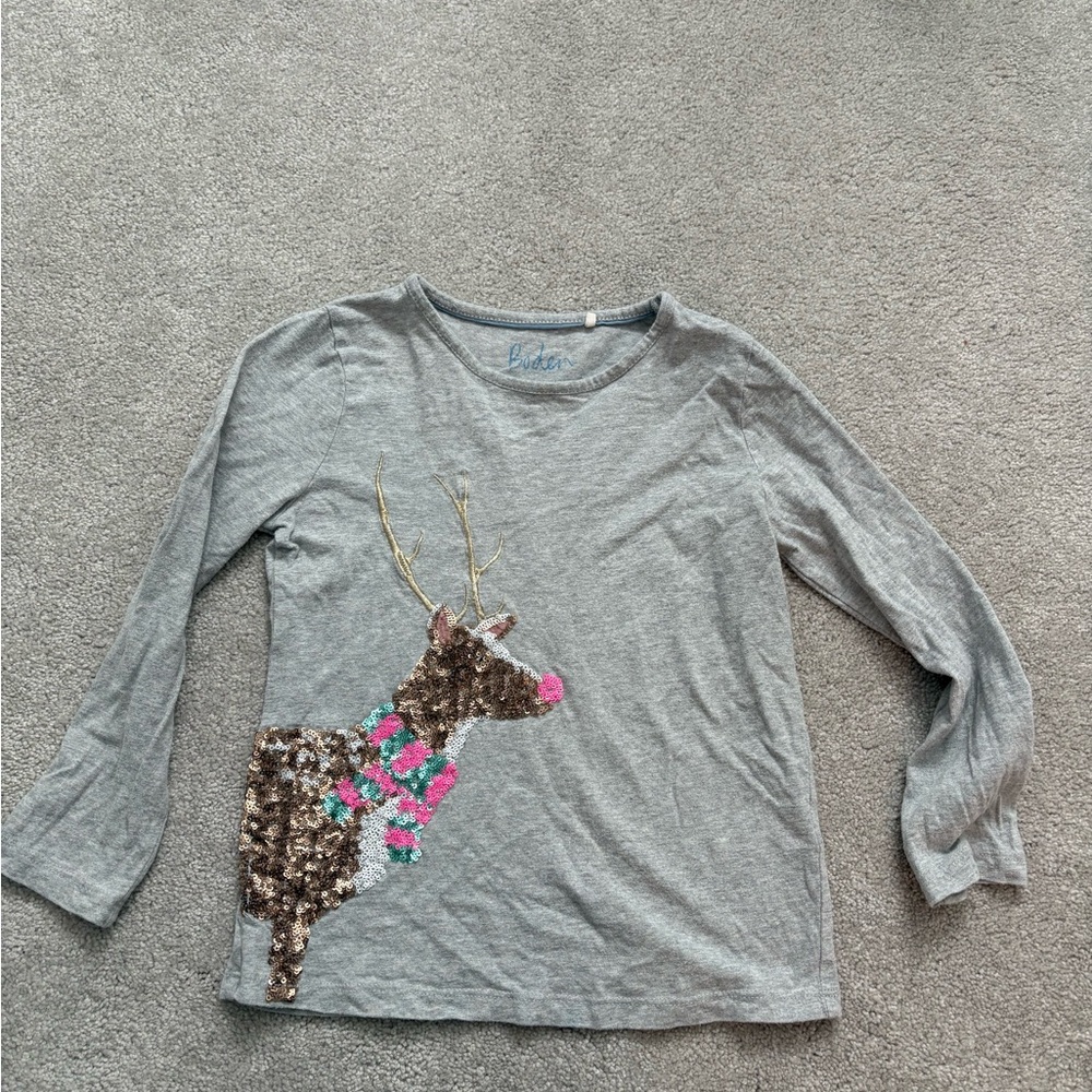 Mini Boden Gray Long Sleeve Shirt with Sequin Deer